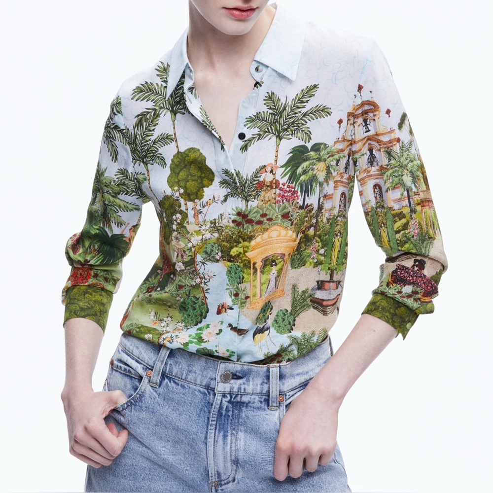 Alice + Olivia Willa Couture Palace Silk Blouse Top Stace Floral Palm Tree M
